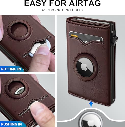 Image of miyozi Airtag Wallet for Men,with Cash Pocket 2 ID Window 9-12 Cards,Metal Case Smart Slim Pop Up Credit Card Holder Flip with Magnetic Closure RFID Blocking Trifold wallet with Gift Box