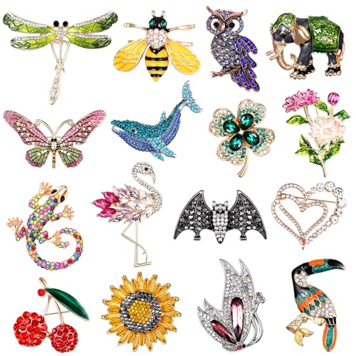 Image of Sasylvia 16 Pcs Women Brooch Set Rhinestone Vintage Animal Insect Plant Pins Brooches Bulk for Christmas Women Girls Gifts