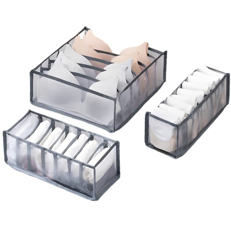 Pack of 3Underwear Drawer Organizer Set - Foldable & Durable Underwear Divider Boxes Includes 6/7/11 Cell Collapsible Closet Compartments for Socks Bras Ties Lingerie Scarves Organizing (grey)