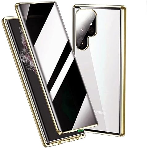 Anti-Peeping Galaxy S24 Ultra case with Lock Magnetic adsorption Aluminum Bumper 360 Protection Double-Sided Tempered Glass Lens Protector（No Fingerprint Unlock），Gold… Cover