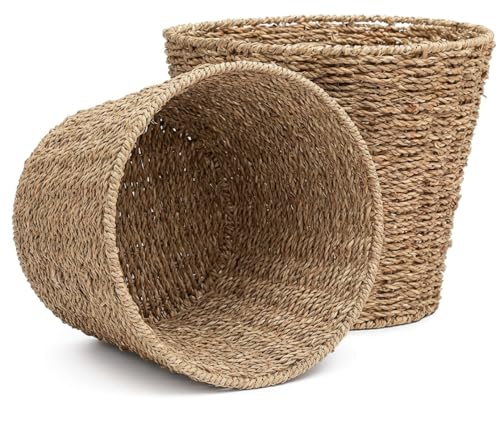 ARPAN Set of 2 Seagrass Waste Paper Bins Stylish Wicker Bin Basket for Home Office Lounge or Bedroom | Round Woven Rattan Bin Durable Small Wicker Waste Paper Baskets Ideal for Modern Interiors