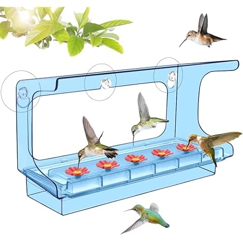 LUJII All One Piece Window Hummingbird Feeder with 5 Strongest Suction Cups, 20 fl.oz Hummer Feeder for Outside, Removable Lift-up Nectar Tray with 5 Feeding Ports, Gift for Gardening Women (Blue) Cover