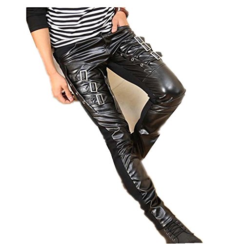 Into Mens Fashion Faux Leather Punk Pants Buckles Hip Hop Leather Trousers4