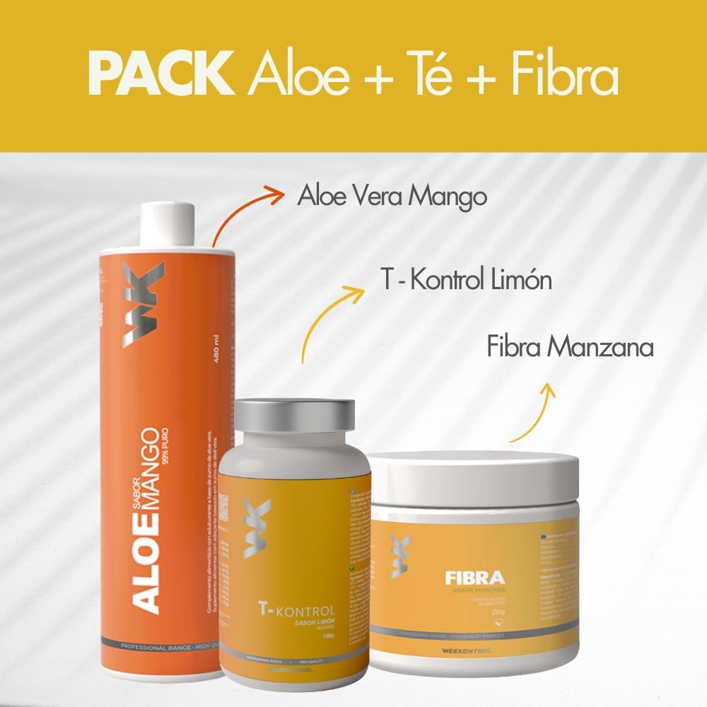 Weekontrol Pack TAF Detox Quemagrasas Aloe Vera Puro para Beber 99% + Té Termogénico Potente + Fibra Saciante. Digestión y Control de Peso (1200Gr, Aloe Mango-Té Limón-Fibra Manzana)
