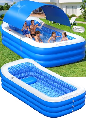 WaveHaven 2026 Inflatable Pool with Canopy Upgraded Blow Up Pool for Adults&Kids Large Inflatable Pool with Seat and Big Backrest Kiddie Pool with Shade Kid Swimming Pool for Backyard 110x63x20Blue