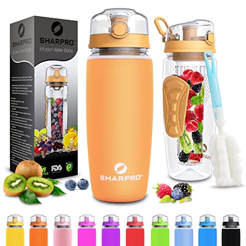 Sharpro 32 oz. Infuser Water Bottles - Featuring a Full Length Infusion Rod, Flip Top Lid, Dual Hand Grips (tangerine)