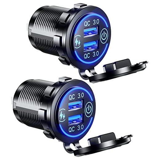 2Pack Quick Charge 3.0 Dual USB Charger Socket, Waterproof 36W USB Outlet Fast Charge with Touch Switch & Blue LED DIY Kit for 12V/24V Car Boat Marine ATV Bus Truck Golf