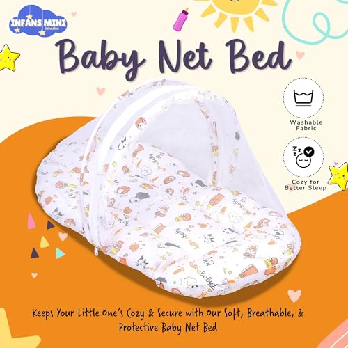 Image of Baby Bed with Mosquito and Insect Protection Net, Portable Mattress with Zip Closure & Pillow Ideal for Babies from 0-6 Months-Unisex (Panda Orange)