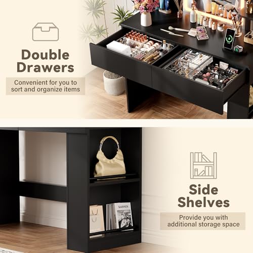 Image of YESHOMY 35.4 Inch Vanity Desk Set with LED Mirror and Lights, Classic Black | Makeup Vanity Set with 2 Drawers, Side Shelves, Storage Bench, Open Shelves and 3 Color Lighting Modes