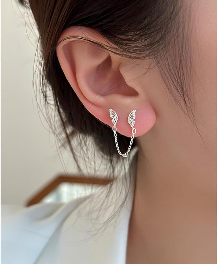 Cute Tiny Butterfly CZ Double Piercing Huggie Small Stud With Short Chain 925 Sterling Silver Cuff Wrap Earrings for Women Cartilage Two Holes Animal Dangle Drop Hypoallergenic