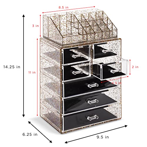 Sorbus Clear Cosmetic Makeup Organizer - Make Up & Jewelry Storage, Case & Display - Spacious Design - Great Holder For Dresser, Bathroom, Vanity & Countertop (3 Large, 4 Small Drawers) [Glitter] #TOP3