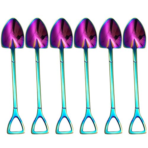 Loghot 6PCS Stainless Steel Tea Coffee Sugar Spoon Mini Shovel Shape Coffee Ice Cream Dessert Spoons Colorful