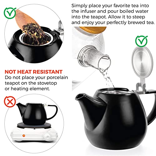Tealyra - Jove Porcelain Large Teapot Black - 34.0-Ounce (3-4 Cups) - Japanese Made - Stainless Steel Lid And Extra-Fine Infuser To Brew Loose Leaf Tea - 1000Ml #TOP2
