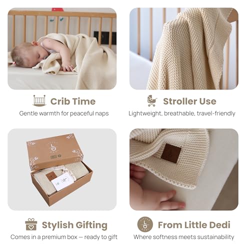 Image of 100% Organic Cotton Baby Knitted Blanket with Gift Box - Soft Toddler, Crib, Stroller Blanket - Neutral Swaddle and Receiving Blanket for Newborns, 30 inchx40 inch, Color Earth Ivory