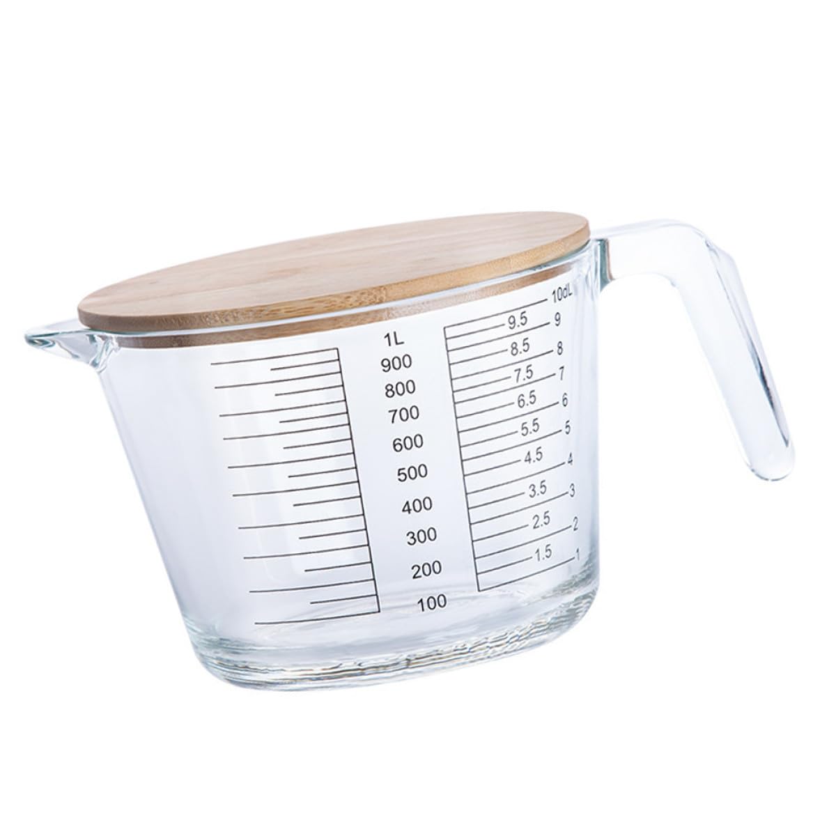 FRCOLOR 1pieza Jarra Medidora de Vidrio Resistente al Calor con Tapa de Madera y Asa Vaso Medidor Práctico para Cocina y Repostería Apto Microondas y Fácil de Limpiar