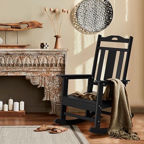 كرسي هزاز مناسب للأماكن الخارجية والفناء ومقاوم لجميع الأحوال الجوية، كرسي هزاز مصمم بمسند مرتفع للظهر من لويني (قطعة واحدة، لون أسود)