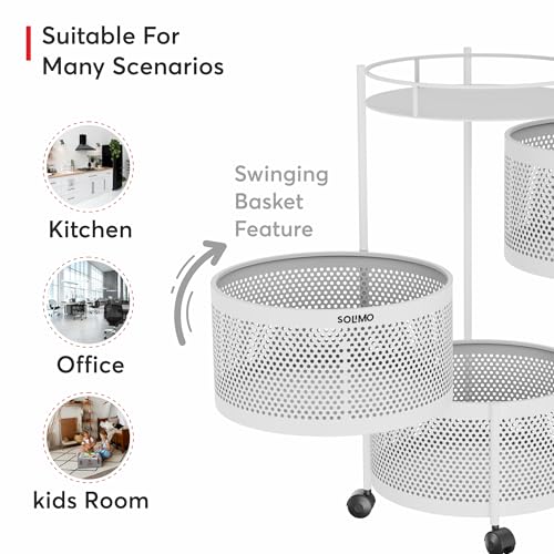 Image of Amazon Brand - Solimo 360 Revolving Preassembled Portable 3 Layer Round Multipurpose Storage Kitchen Rack Carbon Steel Fruit Vegetable & Spice Trolley with Wheels for Kitchen Organizer(Matte, White)