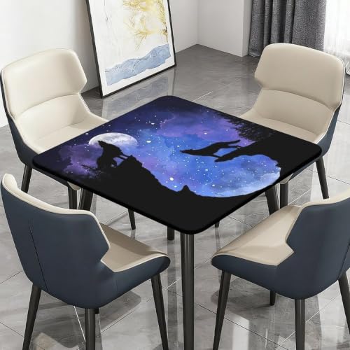 Highdi Cuadrado Mantel Impermeable, Estampado de Lobo Mantel de Tela Oxford Antimanchas Protector Mesa con Borde Elástico, Cubre Encimera para Cocina Comedor (Morado,100x100cm)