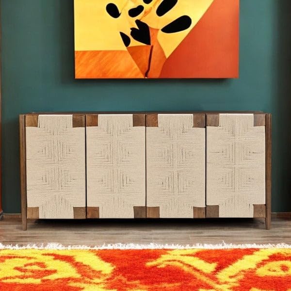 TGF Furniture Store Modern Textured Sideboard Cabinet – 4-Door Wooden Storage Console in Cream and Walnut Finish – Stylish Buffet Credenza for Living Room, Dining, or Entryway-image-18