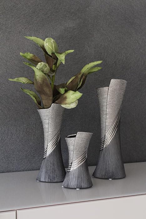 Vase en céramique de luxe haut 39 cm aux rayures argentées raffinées