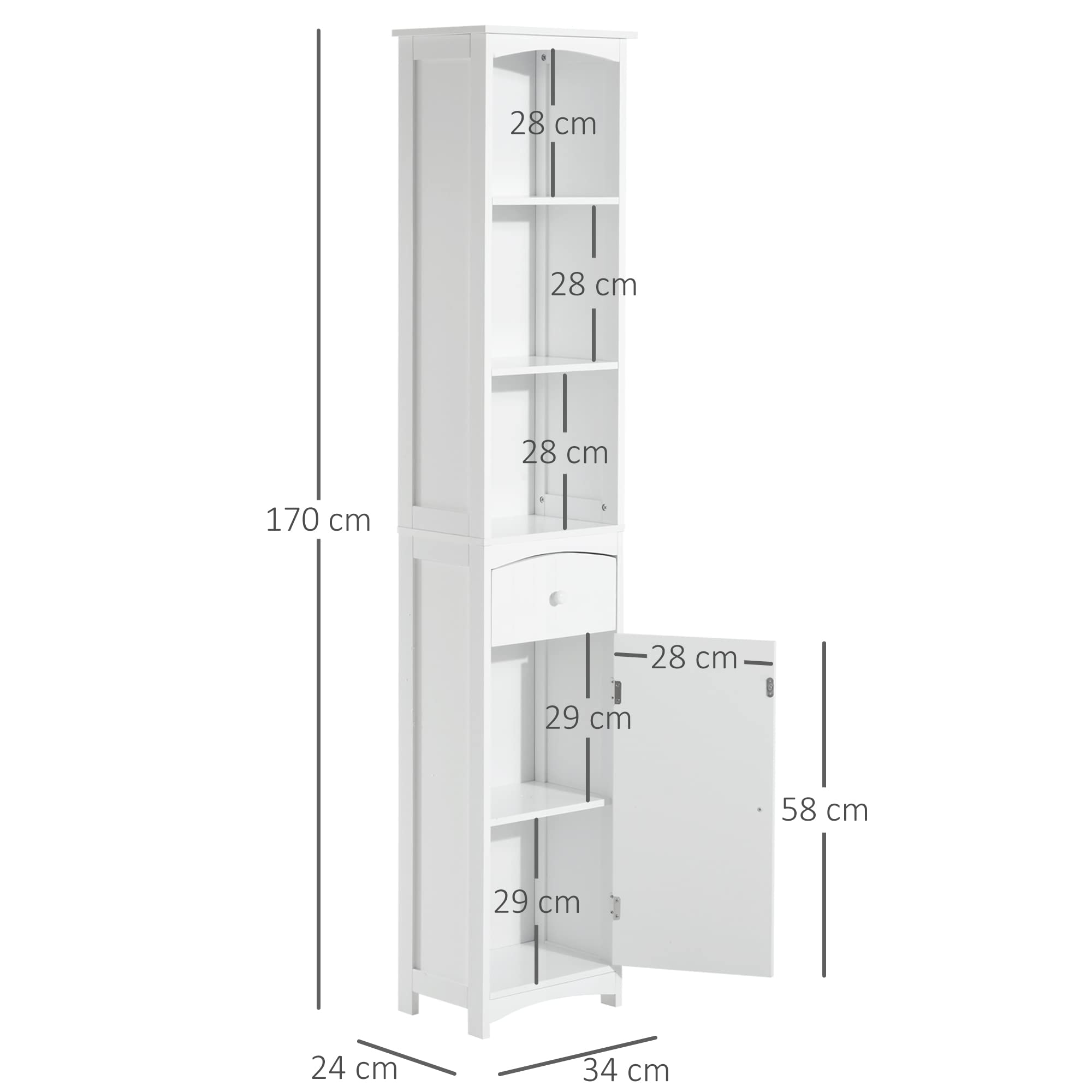 HOMCOM Armario Alto de Baño Estrecho 1 Cajón Moderno 34x24x170 cm Blanco | 3 Estantes Abiertos, Columna de Baño, para Salón, Aseo, Cocina