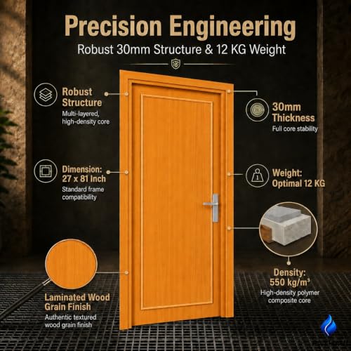 Image of PVC Door with Frame, 30 mm Thick, 27 x 81 Inches (2.25 x 6.75 ft), Light Brown Color, Waterproof, Termite Resistant, 550 Density, 12 kg