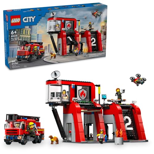 LEGO City Fire Station with Fire Truck Toy, Action Packed Fire Station Toy Playset, Birthday Gift Idea for Kids Ages 6 and Up who Love Pretend Play Toys, Includes a Dog Figure and 5 Minifigures, 60414