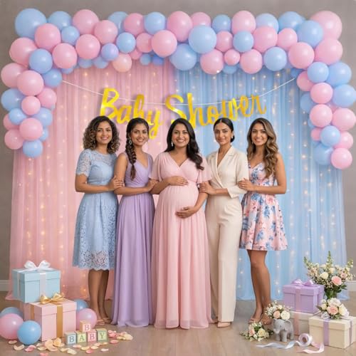 Image of Party Propz Baby Shower Backdrop Decoration - 47 Pcs Baby Shower Decorations Kit with Banner, Light, Backdrop Curtain, Balloon Decoration Kit, Mom to Be (Net, Latex)