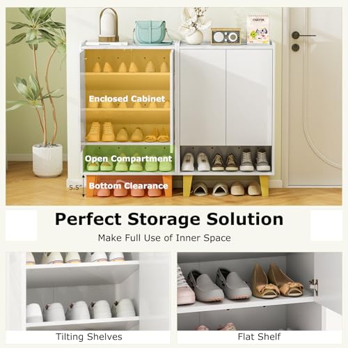 Image of Giantex Shoe Cabinet with Doors, 5-Tier Freestanding Entryway Shoe Storage with Faux Marble Countertop & Open Storages, 38 inch White Shoe Storage Cabinet for Entrance, Hallway, Living Room