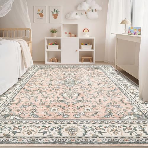 Tortania Area Rug Living Room Rugs - 6x9 Washable Boho Rug Vintage Oriental Distressed Farmhouse Large Thin Indoor Carpet for Living Room Bedroom Under Dining Table Home Office - Floral Pink