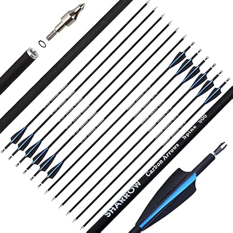 SHARROW 32" Archery Carbon Arrows 500 Spine Targets Arrows Hunting Arrows with 3" Rubber Feathers Practice Arrows for Recurve Bow Compound Bow and Arrow Adult Hunting Longbow (12 pcs, Blue) Cover