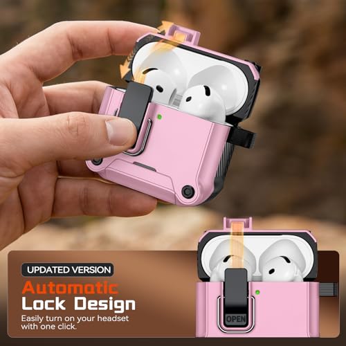 Image of Inesore for AirPods 4 Case with Secure Lock (Pink) | Phone Stand Design,Compatible with MagSafe,Automatic Snap Switch Secure Cover with Cleaner Kit & Keychain