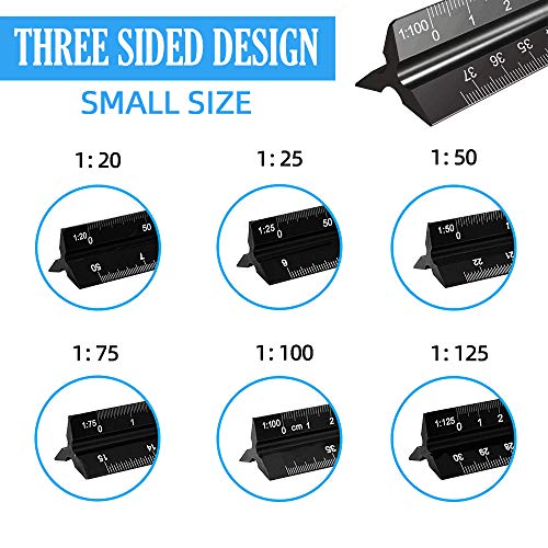 Metal Scale Ruler, 2PCS Aluminium Triangular Scale Ruler Metric for Architects & Engineers : 1:20, 1:25, 1:50, 1:75, 1:100, 1:125/1:100, 1:200, 1:250, 1:300, 1:400, 1:500(Protective Bag)