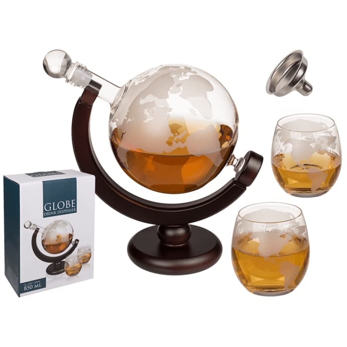 Dispensador de bebidas, decantador del mundo, 2 vasos, colador, 5 cucharaditas, transparente/marrón, de madera y cristal, capacidad aprox. 850 ml.