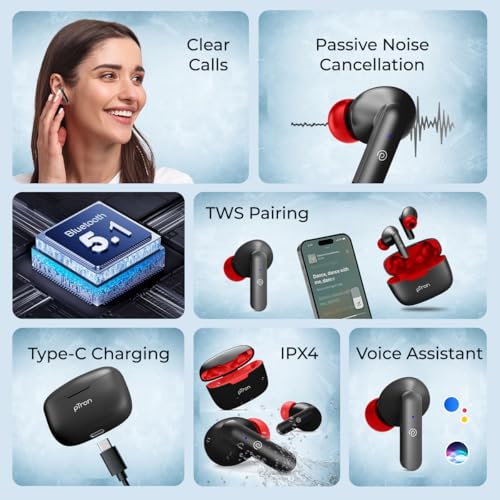 Image of pTron Basspods P81 in-Ear Wireless Earbuds, Pristine Sound, 32Hrs Playtime, Clear Calls TWS Earbuds, Bluetooth V5.1 Headphone, Type-C Fast Charging, Voice Assist & IPX4 Water Resistant (Black & Red)