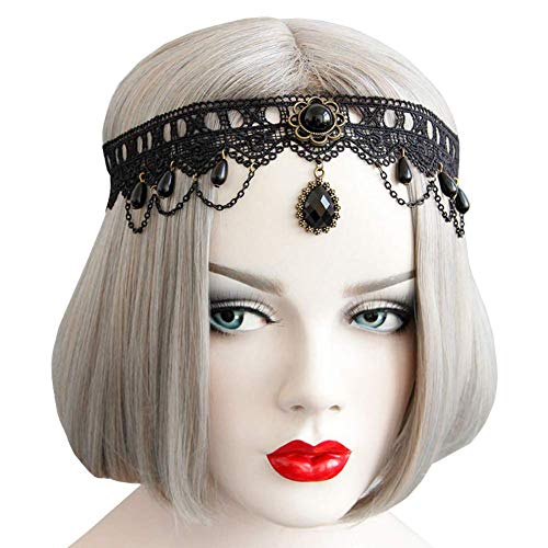 Joyci Women's Exotic Punk Party Prom Black Lace Beads Pendant Chain Headband Forehead Gothic Halloween Jewelry (Style A)