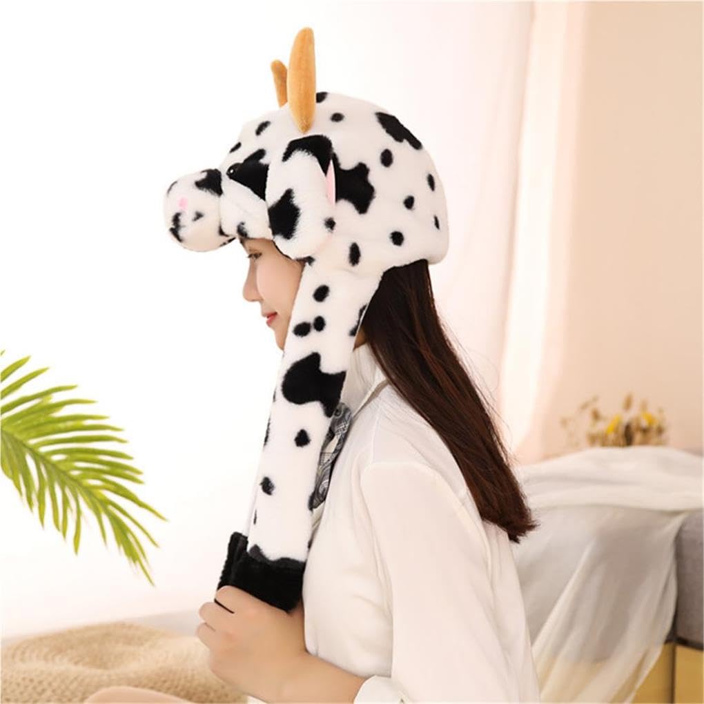 Bonito sombrero de animales con orejas móviles, vaca lechera, correa de felpa Kawaii, juguetes divertidos, accesorios para fotos, niñas, esquí, ganado marrón