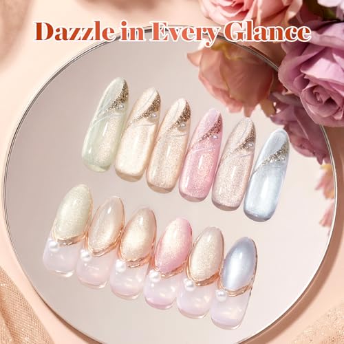 Image of Beetles Cat Eye Gel Nail Polish Set - Glow Forge 6 Colors 0.5Oz Full Size Glitter Gel Polish Kit Nude Pink Purple Blue Green Magnetic Effect Soak Off UV Salon at Home Manicure Gift