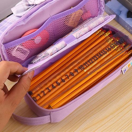 Image of InviteTwo Layer Pencil Pouch with Flower Shape Cute Patch for School Girls and Boys, Cute Aesthetic Stationery Items Kit Case, Large Capacity Stationary Pencil Box for Kids Gifts