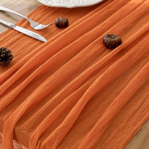 Image of 2Pcs Fall Orange Cheesecloth Table Runner 120 Inch Party Home Decor | For Thanksgiving Friendsgiving Wedding Bridal Shower Baby Shower Engagement Party Rustic Boho Autumn Home Decor