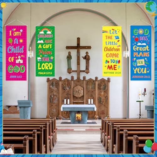 Image of Panelee 4 Pcs Church Banners for Sanctuary Wall Rainbow Cartoon Church Banners with Scripture Inspirational Religious Praise Bible Verses Hanging Backdrop Signs for Sunday School Worship Decoration