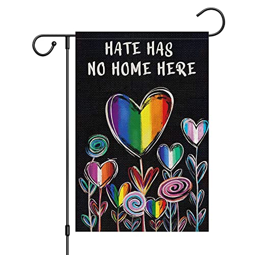 Hate Has No Home Here Pride Garden Flag 12x18 Double Sided Burlap Small Rainbow Love Heart Gay Lesbian LGBT Pansexual Yard Sign Banner for Porch Outdoor Decor