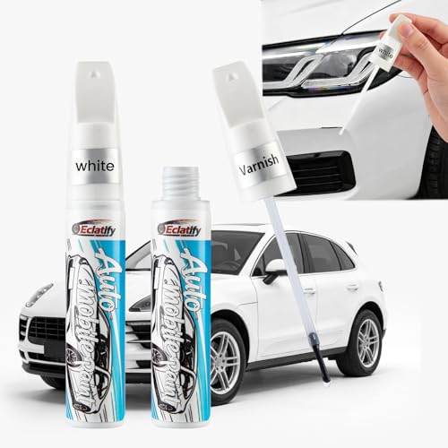 White Car Touch Up Paint Pen 2pcs with Clear Coat Pen Long-Lasting Waterproof UV-Resistant Auto Scratch Repair Remover Quick & Easy Fix for Car SUV Truck Motorcycle Repair Chip Rim Scuff