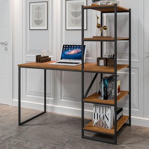 Mesa Industrial para Escritório com Prateleira Frist Preto e Canela