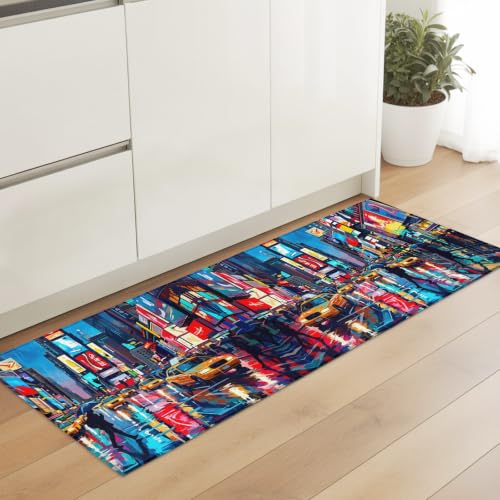 Kitchen Runner Rug Modern Urban Non Slip Washable Kitchen Mats for Floor Skyscrapers Bustling Streets Neon Billboards Decorative Runner Rug Set for Kitchen Floor, Laundry Room Bathroom Home Decor