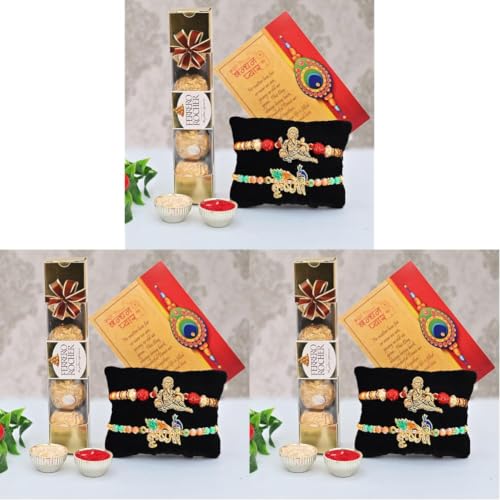 Image of CraftVatika Rakhi with Chocolate Ferrero Rakhi Hamper - Set of 2 Two Rakhis Gift Hamper for Brother Boy Kids with Chocolate Combo, Krishna Ganesha Rakhi Pack (Pack of 3)