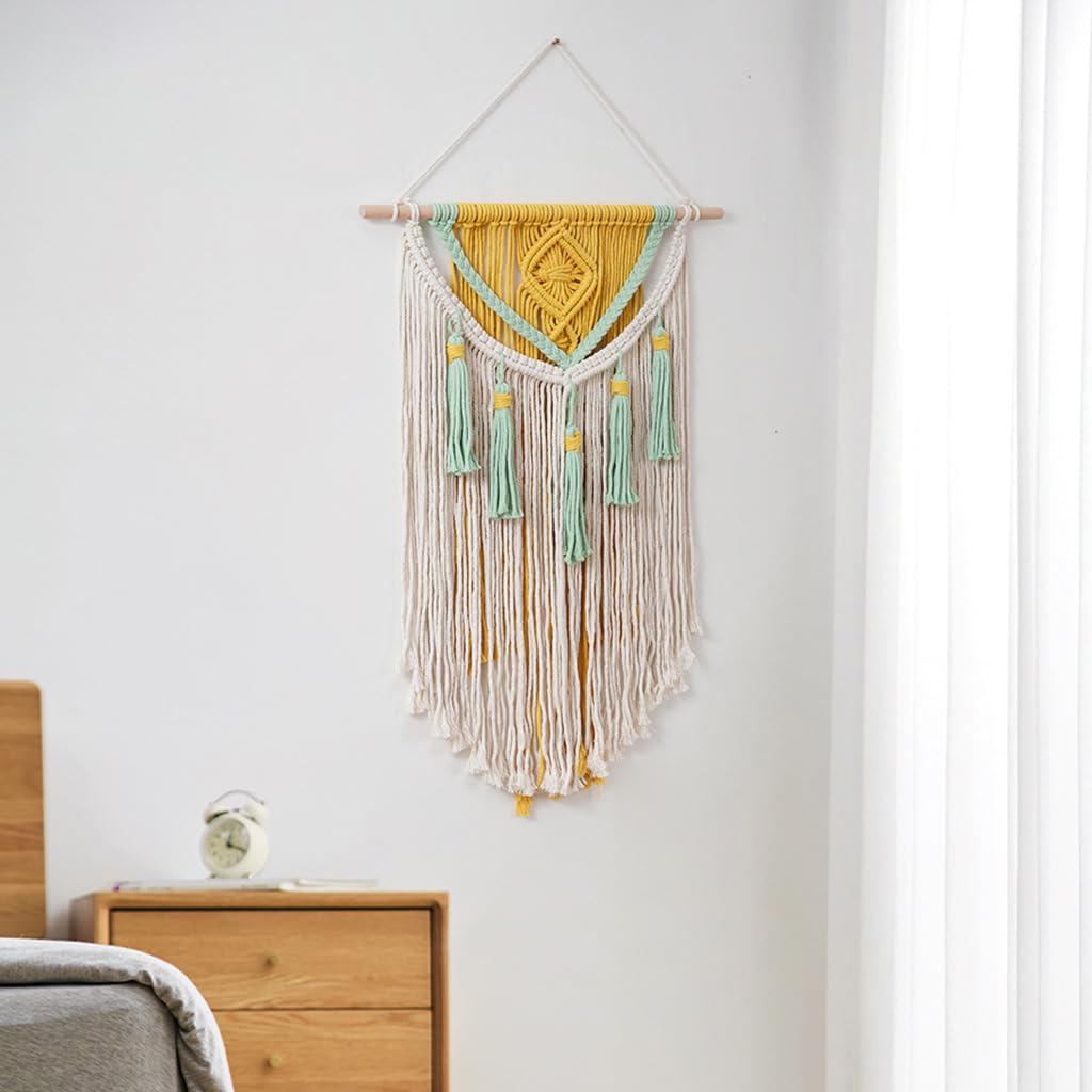 BMIDRUT Arazzo Macramè da Parete, Decorazione Boho Fatta a Mano, per Camera da Letto, Soggiorno, 45 x 70 cm (Giallo)