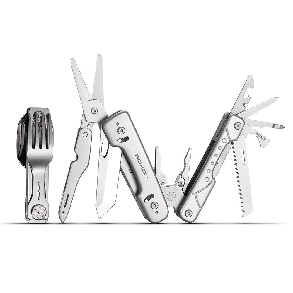 Roxon Camping-Ausrüstungs-Set – Tragbares Outdoor-Besteck aus Edelstahl (Messer, Gabel, Löffel) C1S & Multifunktionszange mit Wechselköpfen S802S