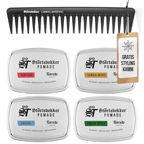 Störtebekker® Premium Pomada a base de aceite Set de Prueba + FREE Peine - 4 x Pomada Hombre 'Serie Torreto' - Fijación media - Brillo medio - Cera para el cabello 125ml - Pomada Made in Germany