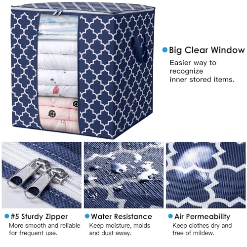 WISELIFE Storage Bags 4 Pack/100L Large Blanket Clothes Organization and Storage Containers for Comforters,Bedding, Foldable Organizer with Reinforced Handle, Clear Window, Sturdy Zippers,Blue